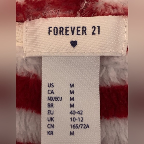 Forever 21 Red & White Striped Hooded Fleece One Piece Adult PJS Womens Sz M - Picture 3 of 5